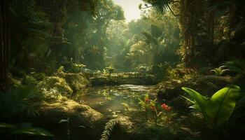 AI generated Tranquil tropical rainforest, green palm trees, flowing water, serene landscape generated by AI photo