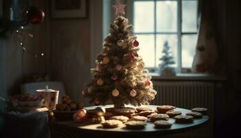 ai generado familia celebrando Navidad con decorado árbol y luz de una vela generado por ai foto