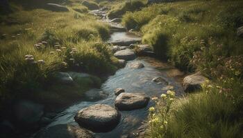 AI generated Majestic mountain range, tranquil meadow, flowing water generated by AI photo