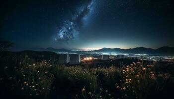 ai generado majestuoso montaña rango, tranquilo prado, fluido agua generado por ai foto