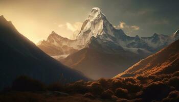 AI generated Majestic mountain range, tranquil meadow, flowing water generated by AI photo