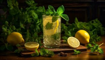 AI generated Lemonade, citrus fruit, mint leaf, ice, refreshing summer drink generated by AI photo