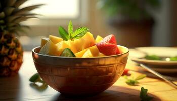 ai generado frescura de verano frutas en un bol, un sano gastrónomo postre generado por ai foto