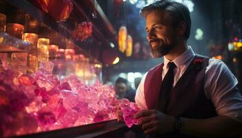 AI generated Smiling man, illuminated city, confident, enjoying nightlife, looking at camera generated by AI photo