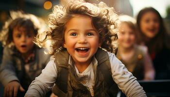 ai generado sonriente niño al aire libre, felicidad en naturaleza, verano alegre infancia generado por ai foto