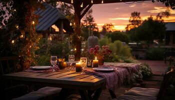 AI generated A romantic candlelit dinner under the summer sunset outdoors generated by AI photo