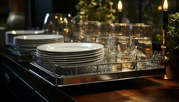 AI generated A gourmet meal on a wooden table, wine and candle generated by AI photo