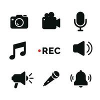 Camera, record, microphone, music, speaker icon set isolated on white background vector