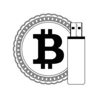 almacenamiento bitcoin línea estilo. poco moneda y USB destello conducir memoria. vector ilustración