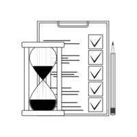 Time for test, exam. Pencil, hourglass and list questionnaire. Vector illustration