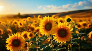 ai generado un campo de lujoso floreciente girasoles en un rural paisaje con un hermosa cielo. generativo ai foto