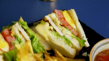 Top view of delicious sandwich with french fries. Close up video