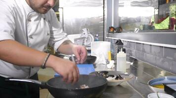 Cook placing shrimps and other seafood in hot pan in resaurant kitchen video