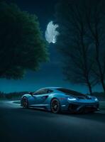 AI generated Blue super car in midnight photo