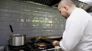 Masculin cuisinier friture foie gras sur une la poêle dans restaurant cuisine video