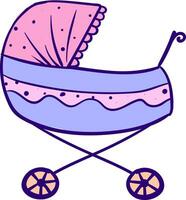 Sketch drawing of a pink stroller for babyPram, vector or color illustration