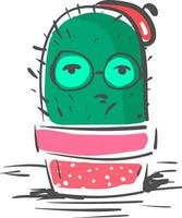 Painting of a cactus plant emoji expressing sadness wearing a red hat and big round spectacles vector color drawing or illustration