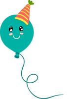 A happy blue balloon with smiling eyes and closed smile turning up to cheeks is floating with a party hat vector color drawing or illustration