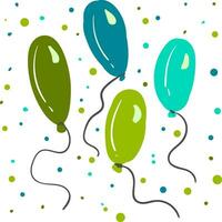 Shades of blue and green balloons are floating along with small pieces of colored papers vector color drawing or illustration