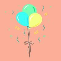 Three colorful balloons with exclamation mark tied together with a bow-like ribbon floats together in a pink background and confetti vector color drawing or illustration