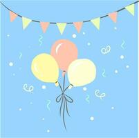The picture depicts the decoration for any kind of celebration with colorful flags and balloons floating in blue background vector color drawing or illustration