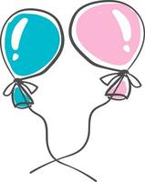 Two blue and pink colored balloons tied to individual strings in a party decoration vector color drawing or illustration