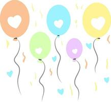 Set of oval shaped balloons with heart-shaped patterns tied to individual strings floats in white background and heart shape confetti vector color drawing or illustration