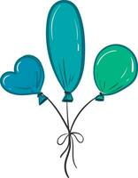 Three balloons of different colors and different shapes like oval and heart is tied together with a bow-like string vector color drawing or illustration