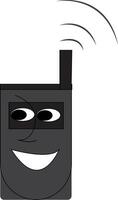 A cartoon image of a black colour flip phone vector or color illustration