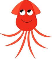 A smiling red-colored cartoon squid vector or color illustration