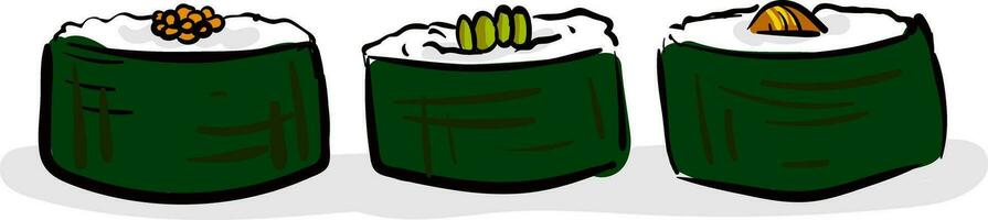 Clipart of a set of three green-colored sushi vector or color illustration