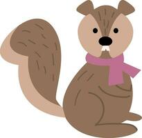 A cute little cartoon squirrel wearing a rose-colored scarf around its neck vector or color illustration