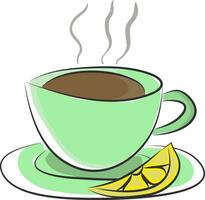 Cup and saucer with hot tea and a lemon slice vector or color illustration