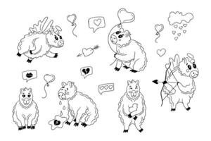Cutie capybaras hand drawn doodles set. Sketch outline animals in love. Contour St Valentines concept illustration. Ideal for coloring pages, tattoo, pattern vector