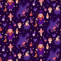 Cute magical seamless pattern with dragon and witch. Dark theme. Flat kawaii magical elements. Witch related items. Graphic print design for wrapping paper, kids textile, background, banner vector