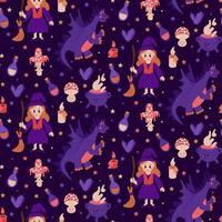 Cute magical seamless pattern with dragon and witch. Dark theme. Flat kawaii magical elements. Witch related items. Graphic print design for wrapping paper, kids textile, background, banner vector