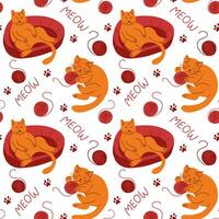 Sleepy lying cat with balls of wool vector pattern. Flat hand drawn cats in kids cartoon minimalistic style. Trendy kids pattern design on white background. Ideal for textile, wrapping paper