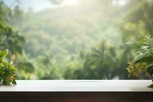 AI generated Wooden table top with nature tree background. Can be used for display your product photo