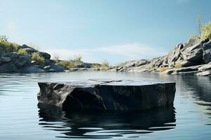 AI generated Rock podium platform on the water with nature river background. Can be used for display your product photo