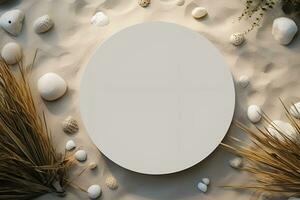 AI generated Round white podium on beach sand. Can be used for display your product photo