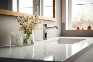 AI generated Bathroom countertop with sink and flower photo
