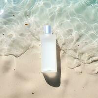 AI generated Transparent cosmetic bottle on the beach background, top view photo