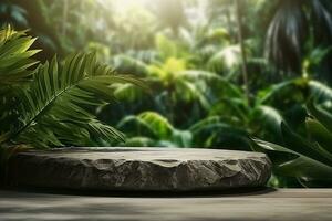 AI generated Rock podium for product display with nature forest background photo