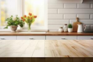 AI generated Empty wooden table top with blurred kitchen background photo