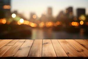 AI generated Wood table with bokeh light cityscape background photo