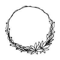 Hand drawn round frame in vintage style with floral elements. Flowers, petals, winding branches. For product design, templates. Ink sketch. vector