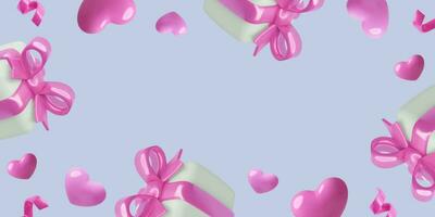 3d gift boxes and hearts background with copy space. Horizontal holiday banner design with three dimensional pink toy vector objects for Valentine's Day sales, promotions and greeting cards.