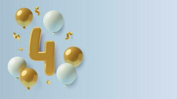 4 years birthday or anniversary 3D realistic background big gold number four, helium, balloons and confetti on light blue background. Copy space for text. Three dimensional vector illustration.