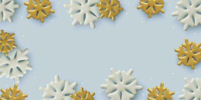 Snowflakes winter background with copy space. 3D realistic Christmas and New Year festive layout. Three dimensional vector banner design.