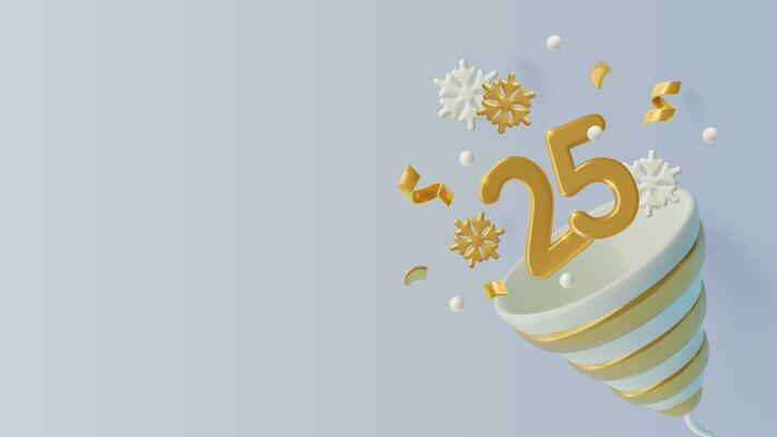 Christmas party popper with 3D number 25 and winter decorations. Snowflake, snow ball, gold confetti. Winter holiday background or banner with cracker explosion and copy space. Vector illustration.